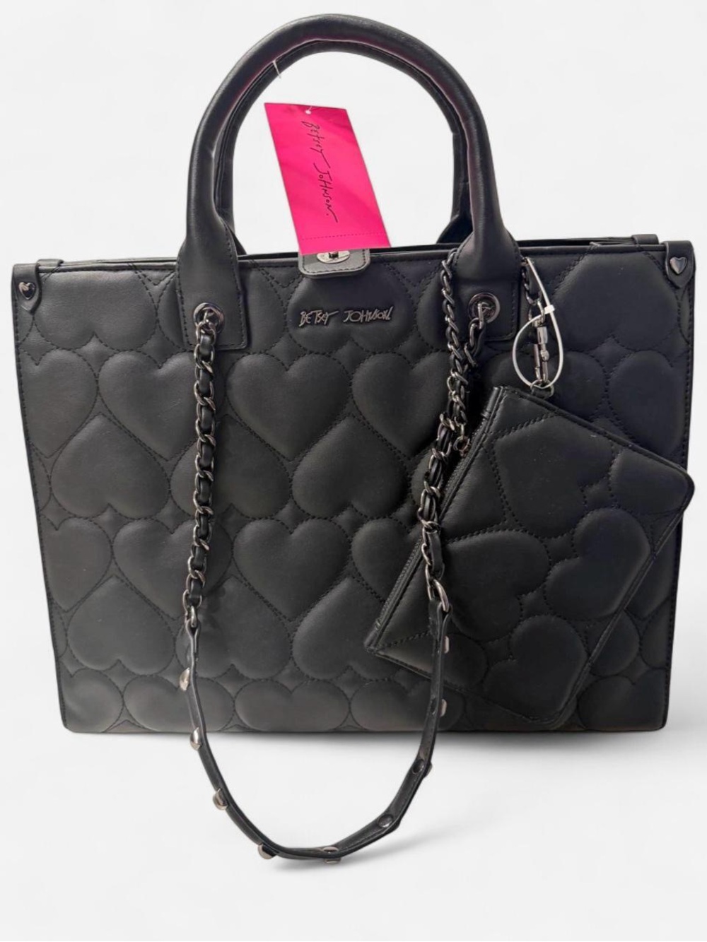 Betsey Johnson Black Quilted Heart Tote with Chain Accent and Zip Pouch